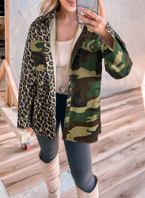 Leopard Camo Patchwork Button Front Flap Pocket Oversized Shacket